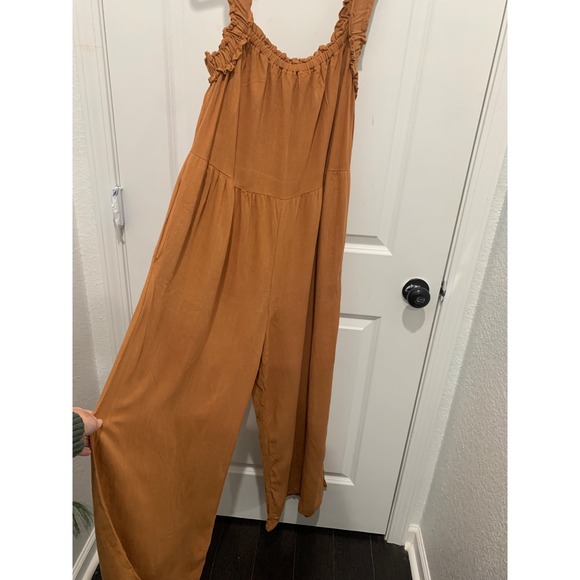 Ces Femme Pants - Ces Femme Rust Orange Linen Blend Ruffle Strap Wide Leg Jumpsuit Large